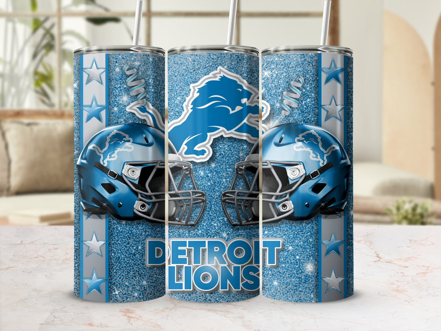 Detroit Lions Helmets and Logo Design Sparkle Background Tumblers