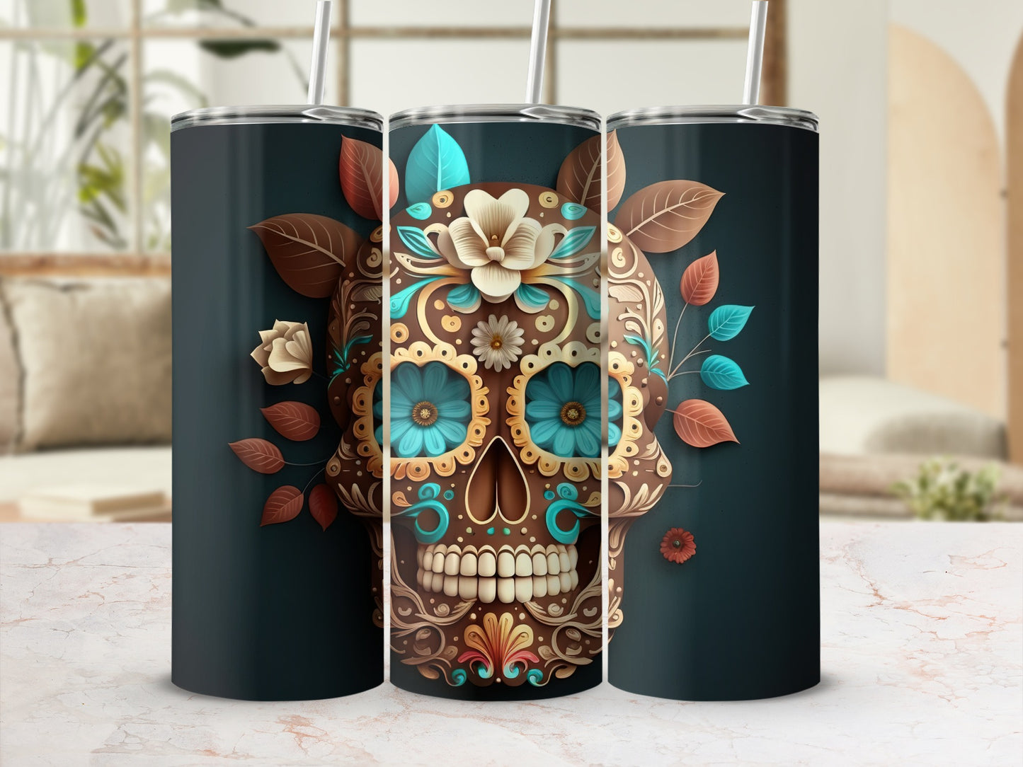 Dark Floral Sugar Skull Design Tumbler Product