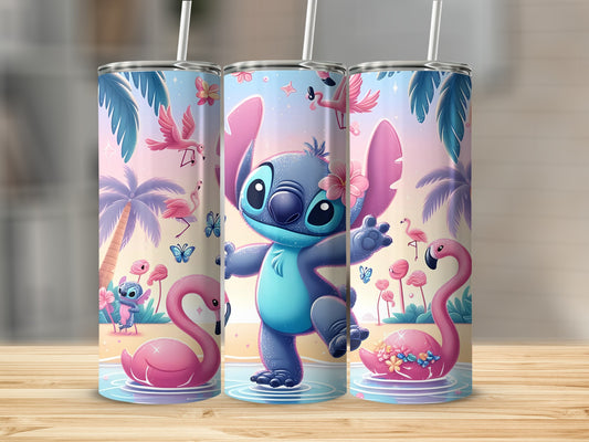Adorable Blue Character with Flamingos Tumbler