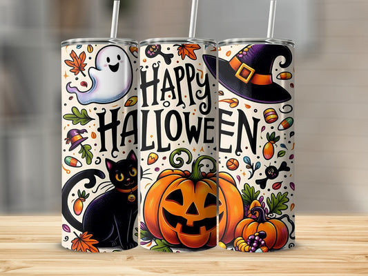 Three tumblers with a "Happy Halloween" design featuring a black cat, ghost, pumpkins, and witch hat.