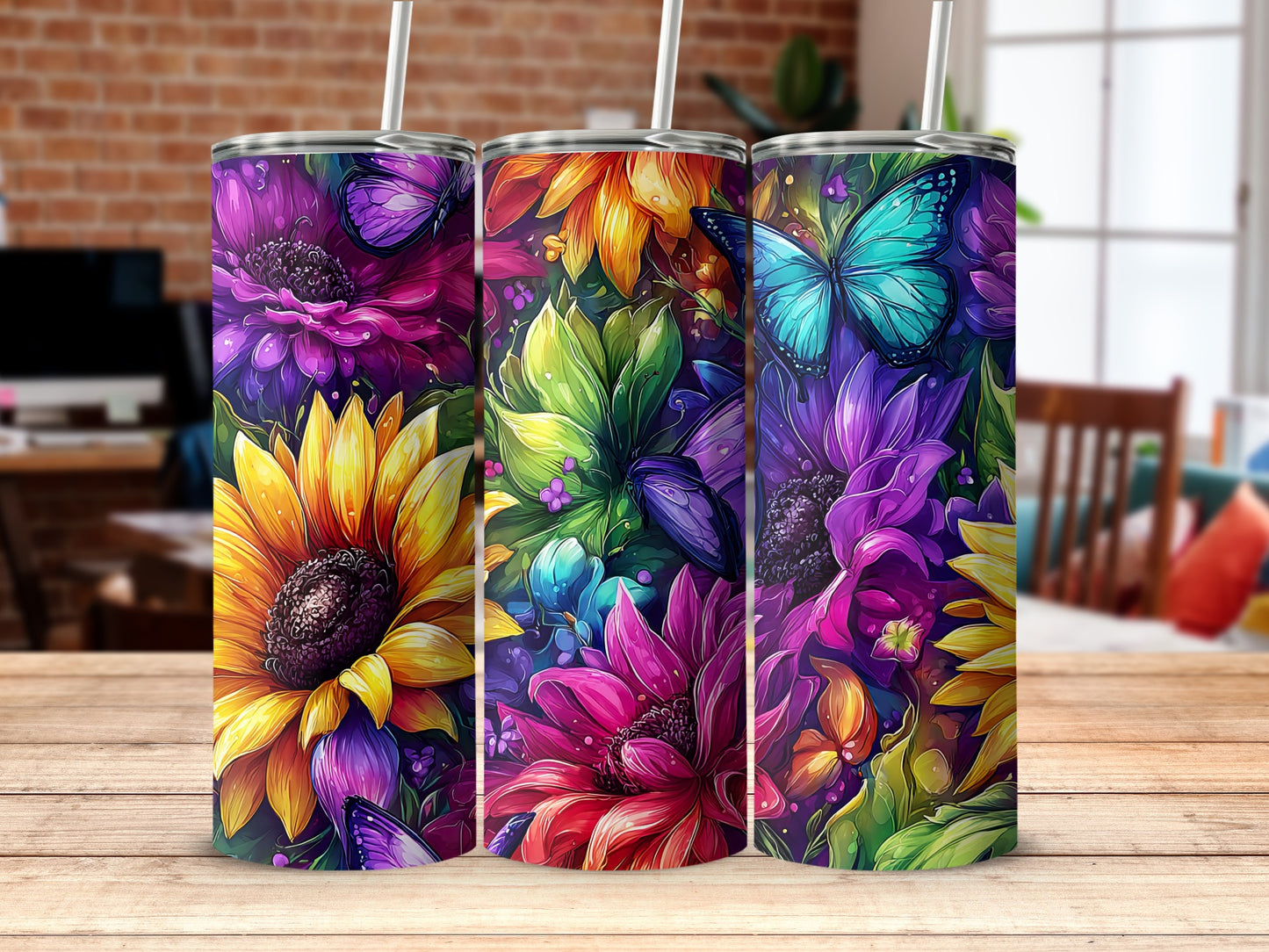 Bright Floral and Butterfly Design Tumbler