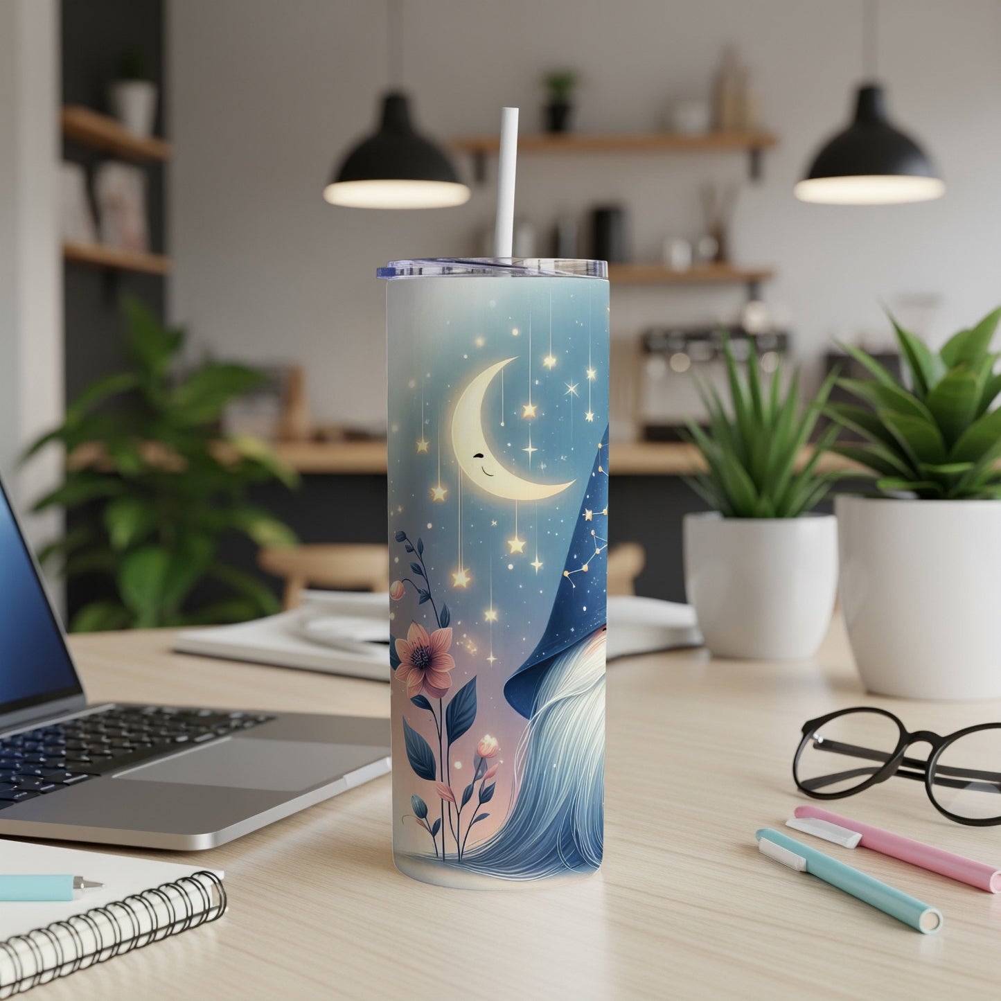 Gnome with starry night and moon on a tall blue tumbler.