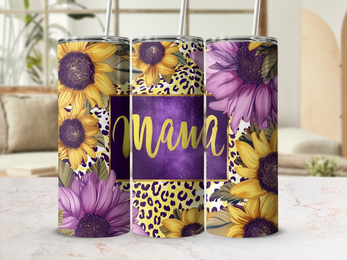 Floral Sunflower and Leopard Print Mama Insulated Tumbler
