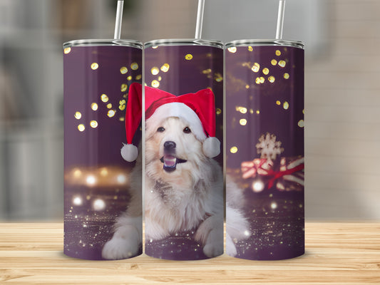 Fluffy white dog in Santa hat, sparkling background, two tumblers.
