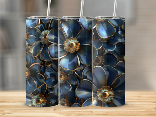 Three tumblers with a deep blue floral pattern and gold centers.