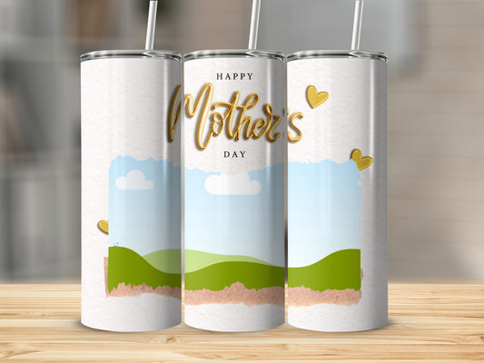Three tumblers with "Happy Mother's Day" text and gold hearts on a scenic background.