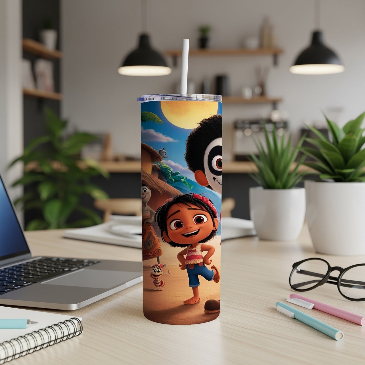 Two animated characters on a beach with a laptop, pens, and a notebook.