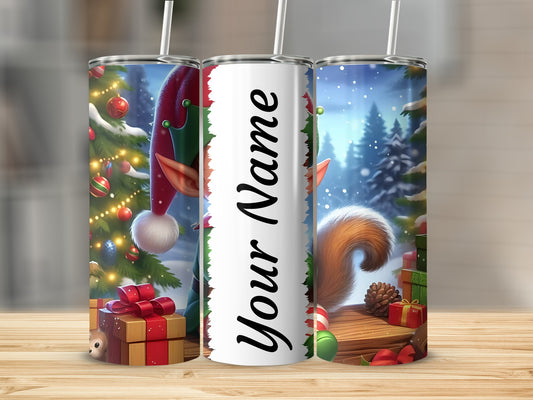 Personalized Christmas Elf and Squirrel Themed Tumbler