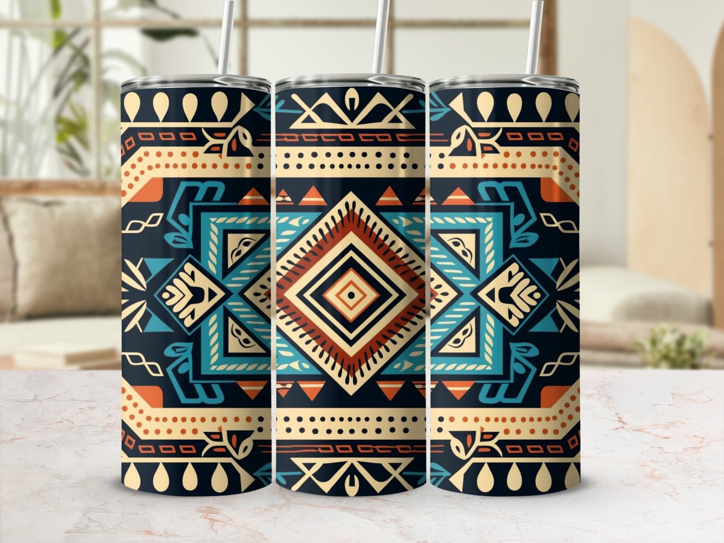Vibrant Geometric Pattern Tumbler with Straw