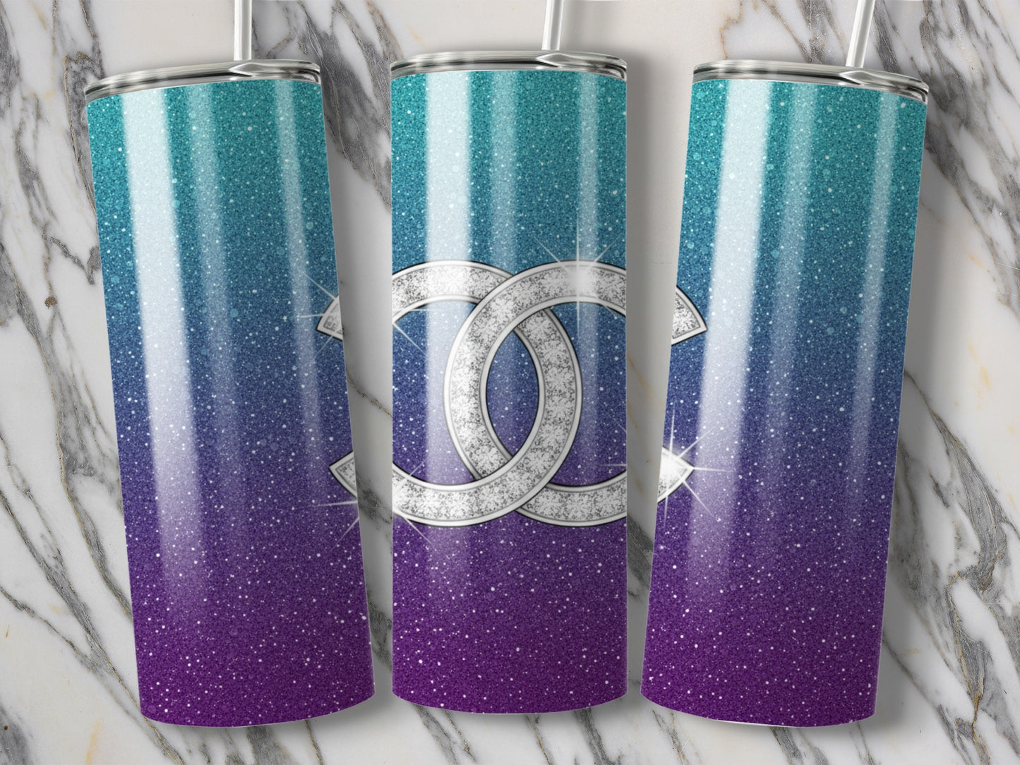 Interlocking Logo Turquoise Blue Gradient Sparkles Tumbler