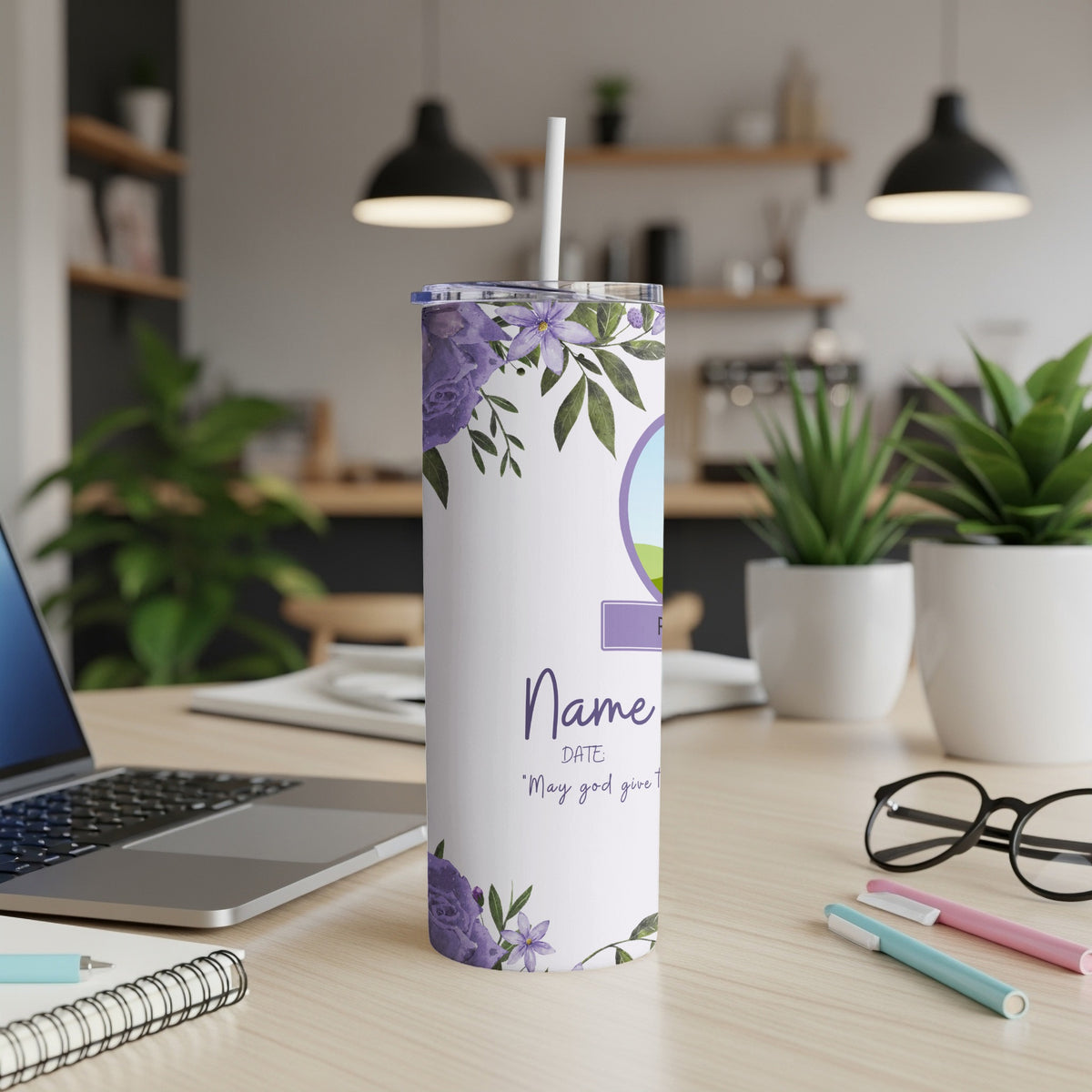 White tumbler with purple floral design, personalized text for "Name" and "Date".