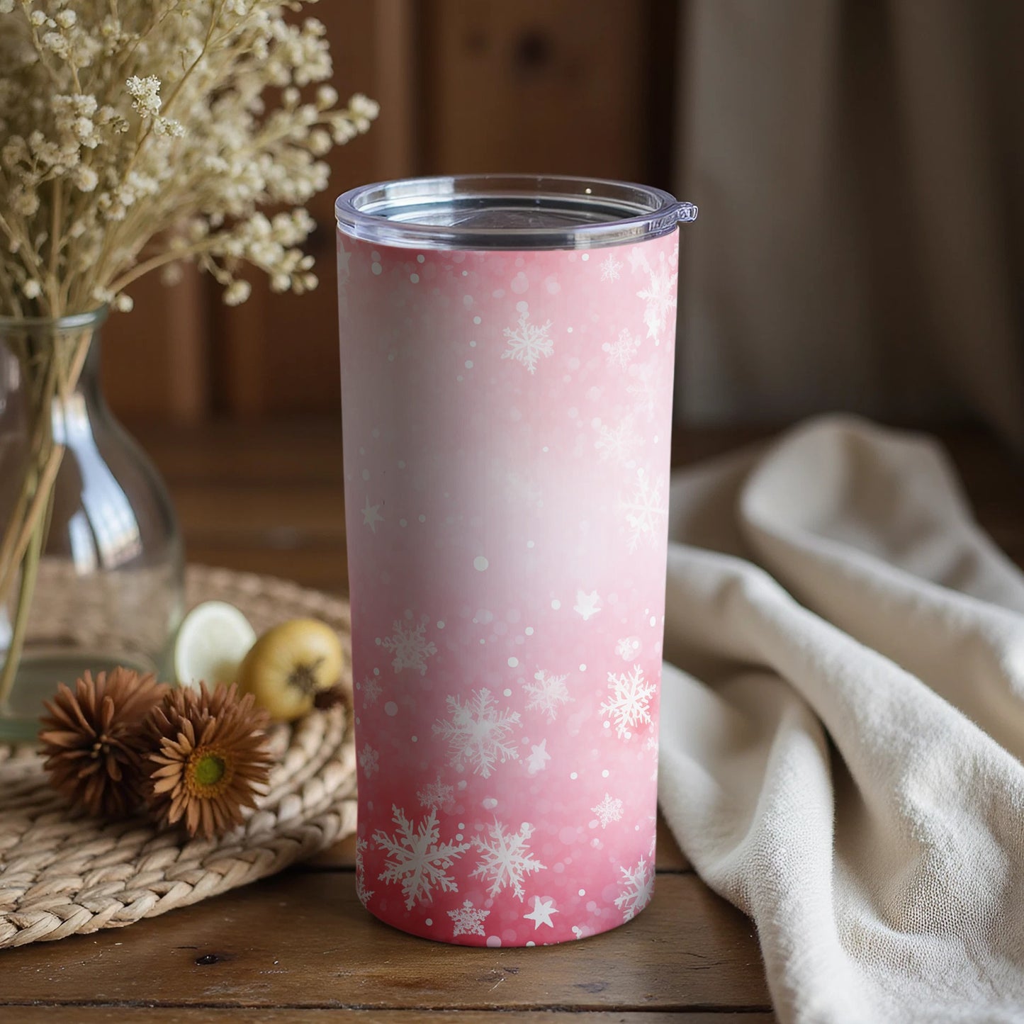 Pink Ombre Snowflakes Insulated Tumbler Cup