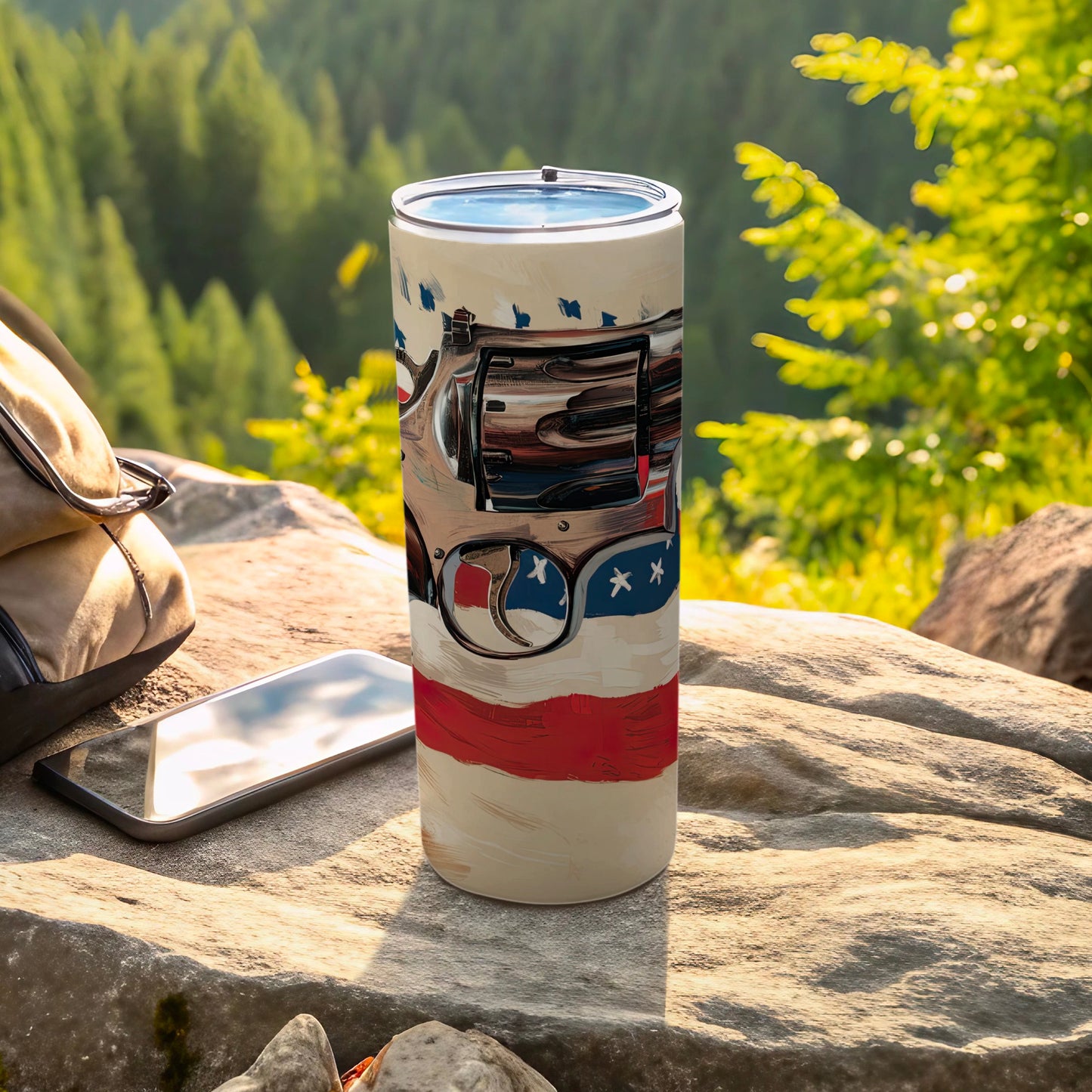 Tumbler with American flag design and revolver cylinder graphic.