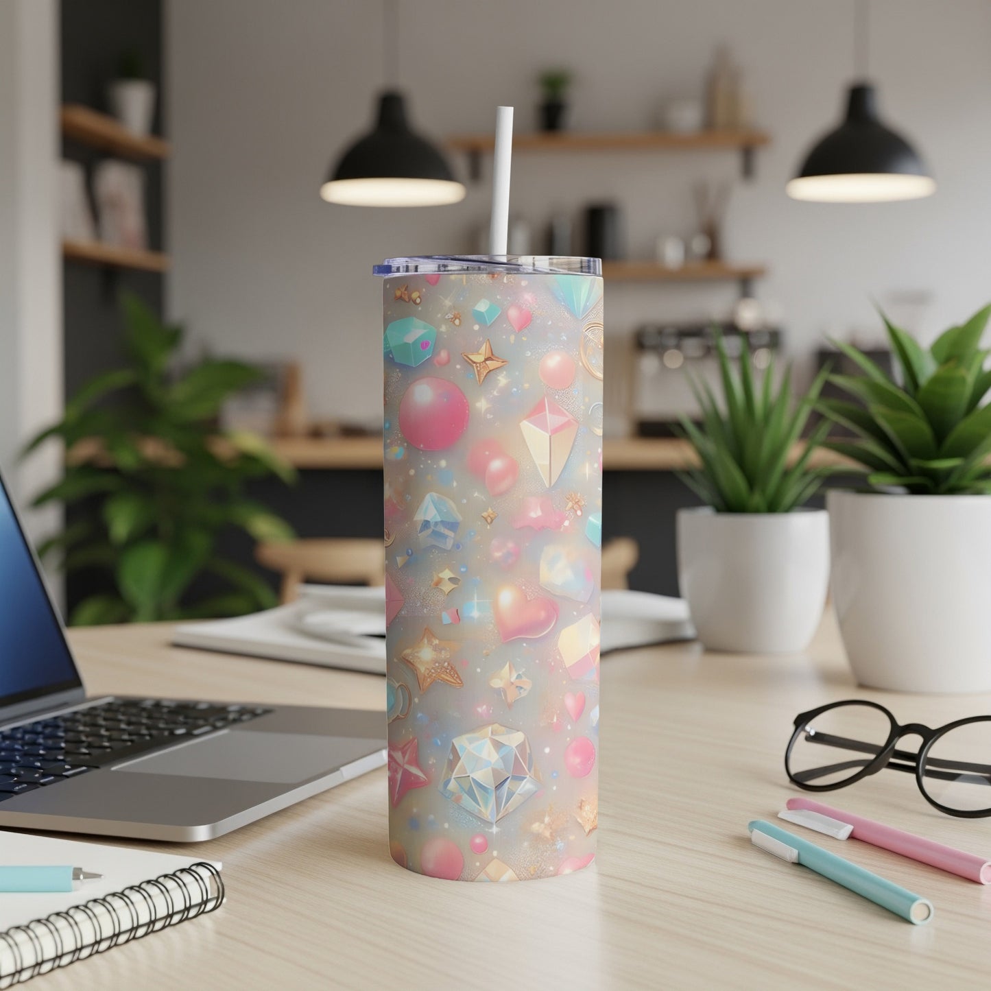 Iridescent tumbler with whimsical pastel gem and star pattern, includes straw.