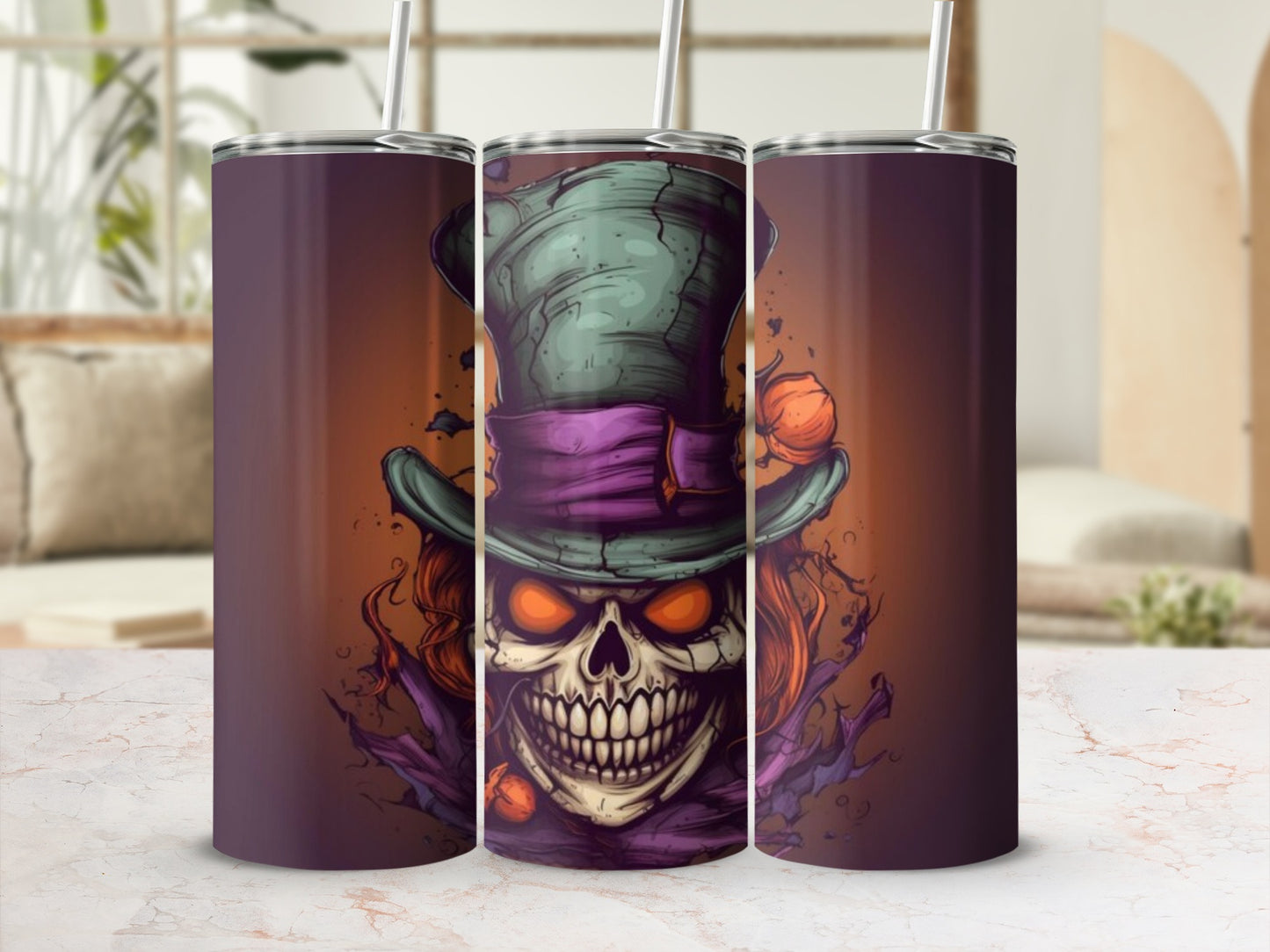 Spooky Skull with Top Hat Design Tumbler Cup