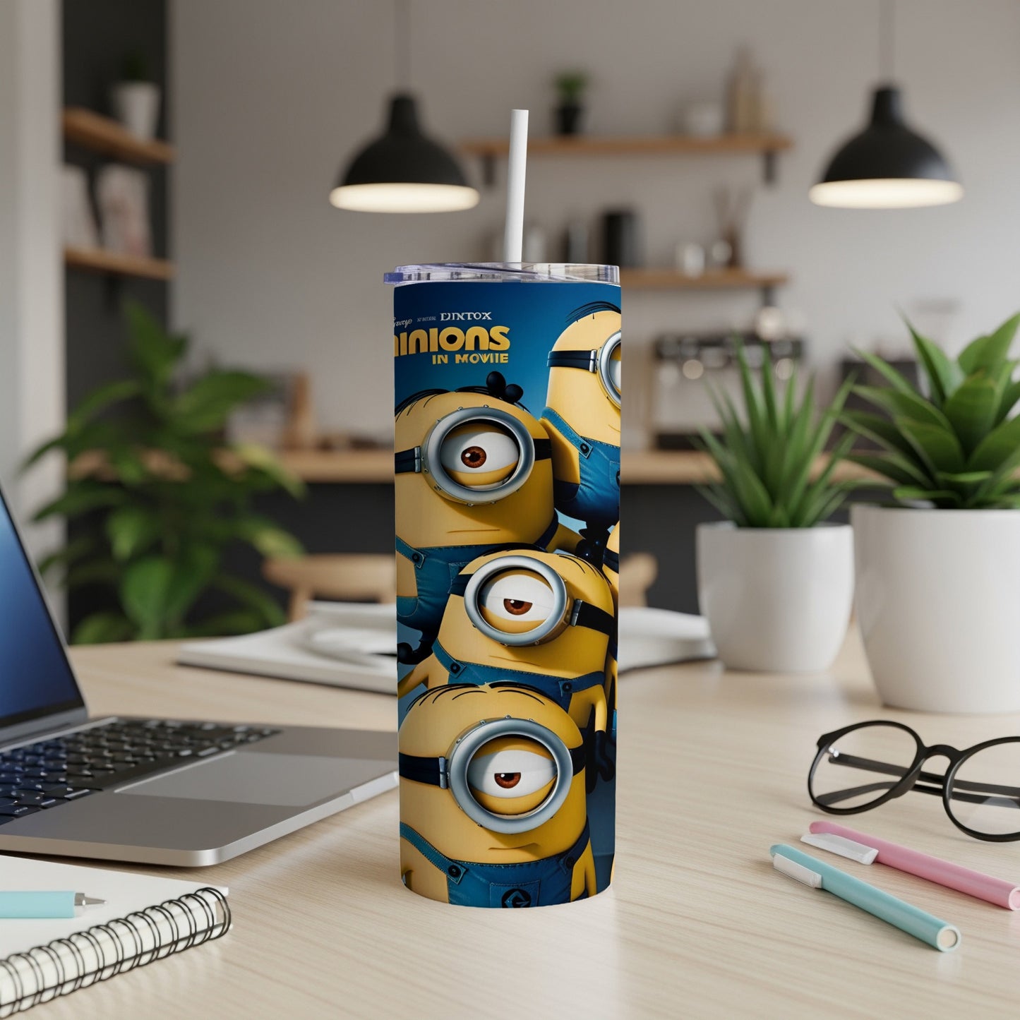 Minions characters from the movie, a tall tumbler with a straw.