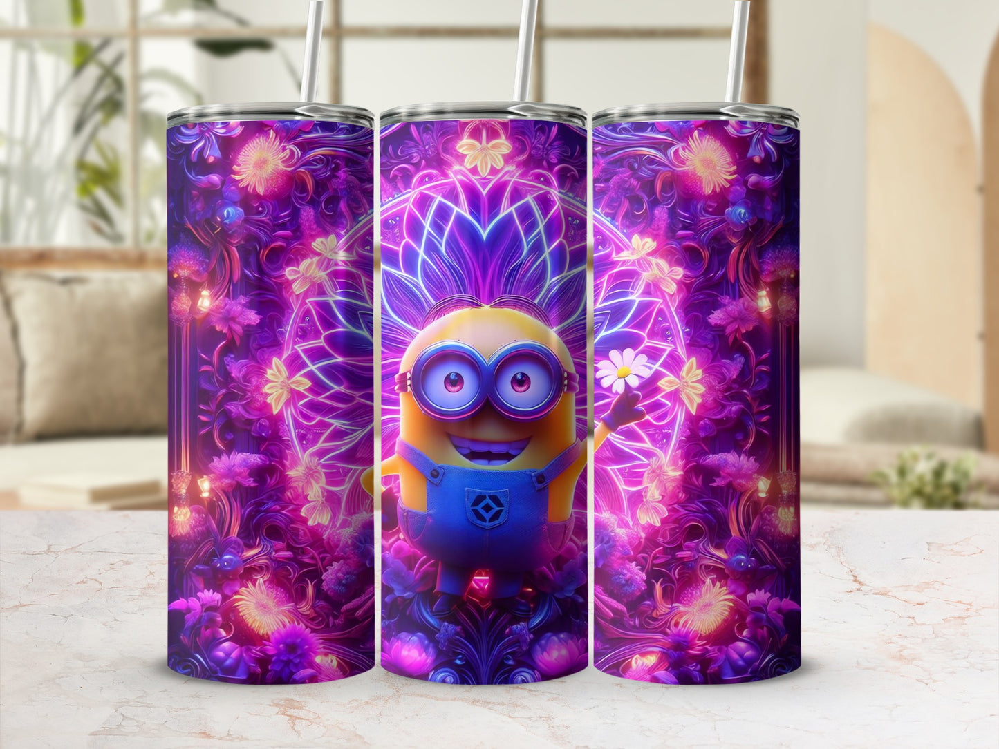 Vibrant Minion Floral Design Tumbler for Drink Enthusiasts