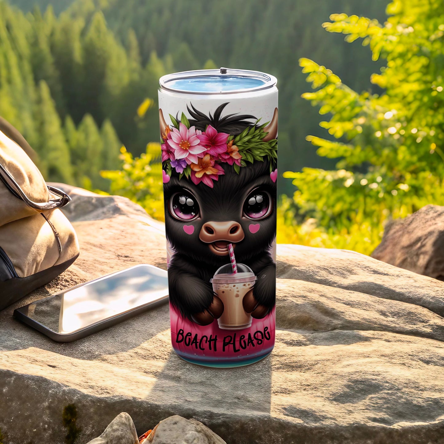 Cute baby cow with flowers on a tumbler with "Beach Please" text.