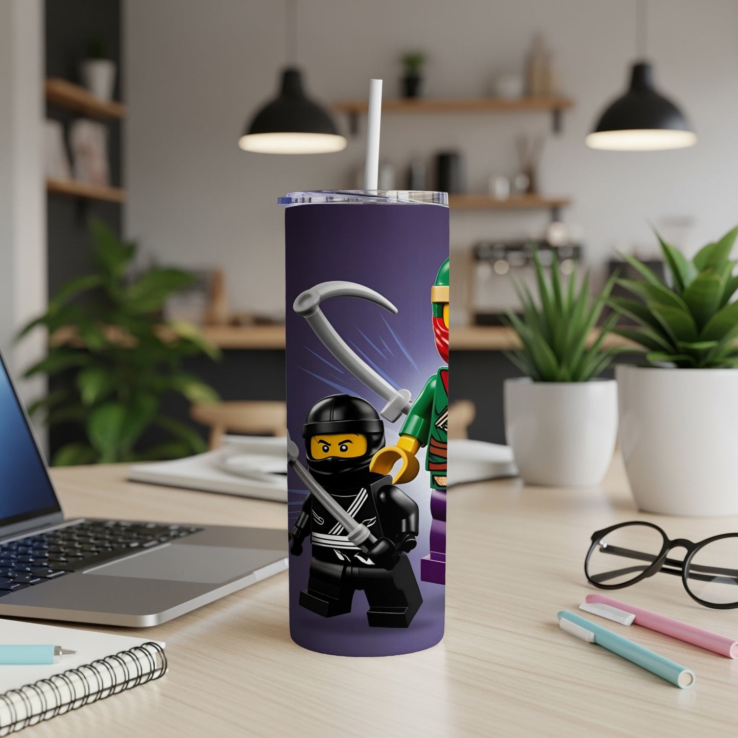 Two LEGO Ninjago figures, Kai and Zane, on a purple tumbler with a straw.