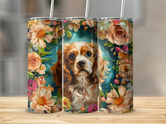 Cavalier King Charles Spaniel dog surrounded by a floral pattern on three tumblers.