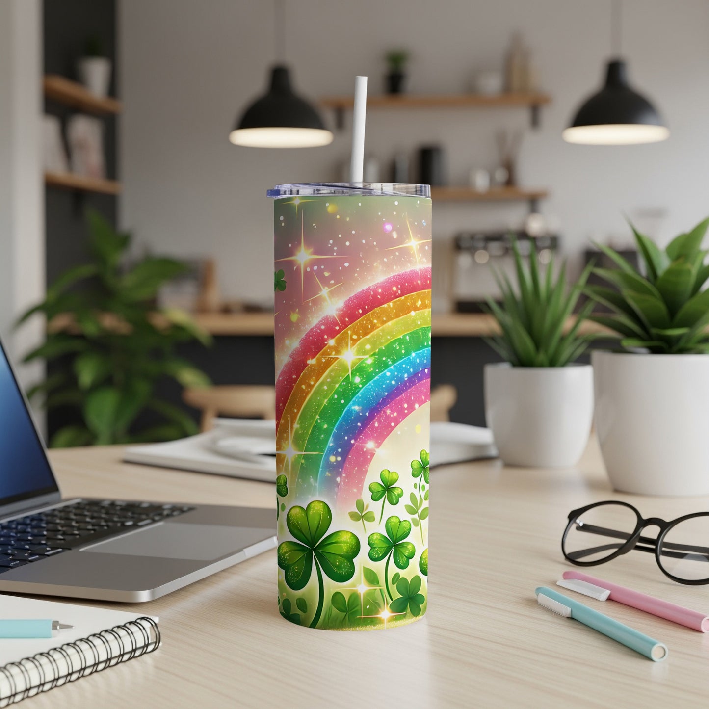 Rainbow and shamrocks on a skinny tumbler with a straw, on a desk.