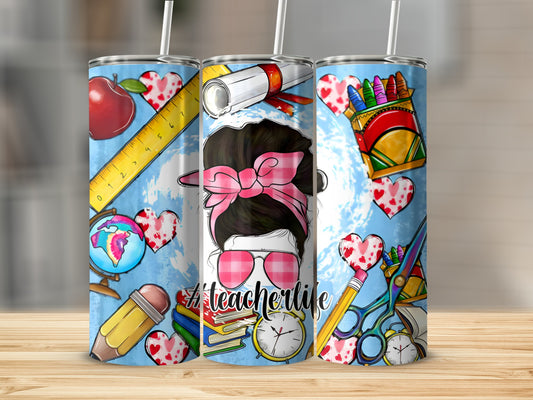 Teacher tumbler with school supplies, globe, apples, and hearts.