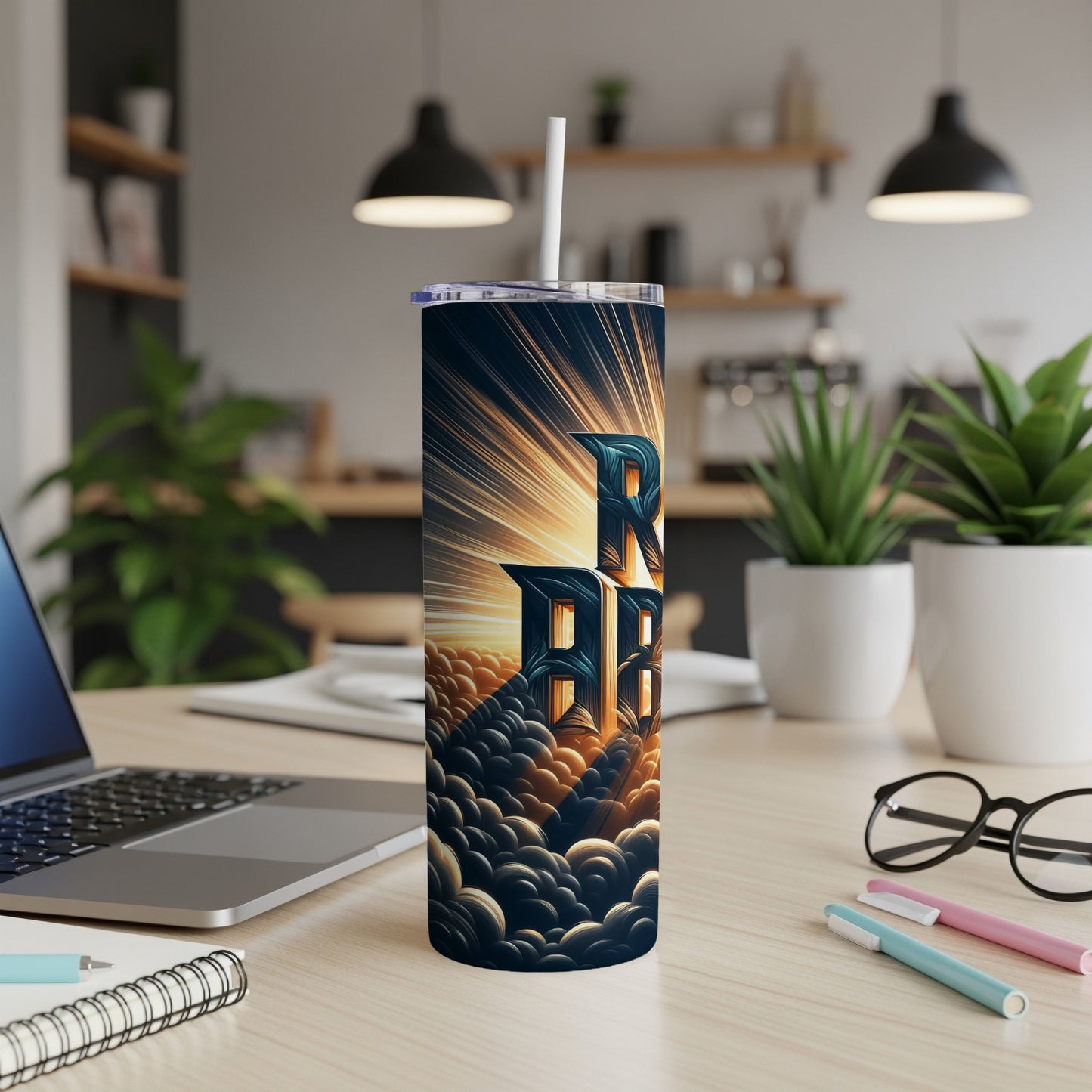 Dark tumbler with "RR" logo on cloudy background, on a desk.