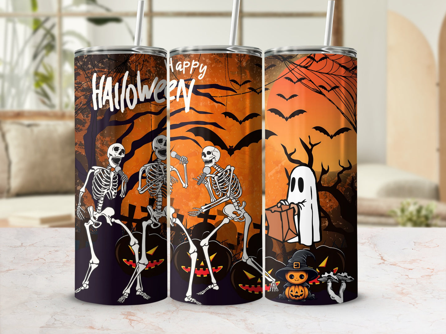Halloween Skeletons and Ghost Design Tumbler Cup