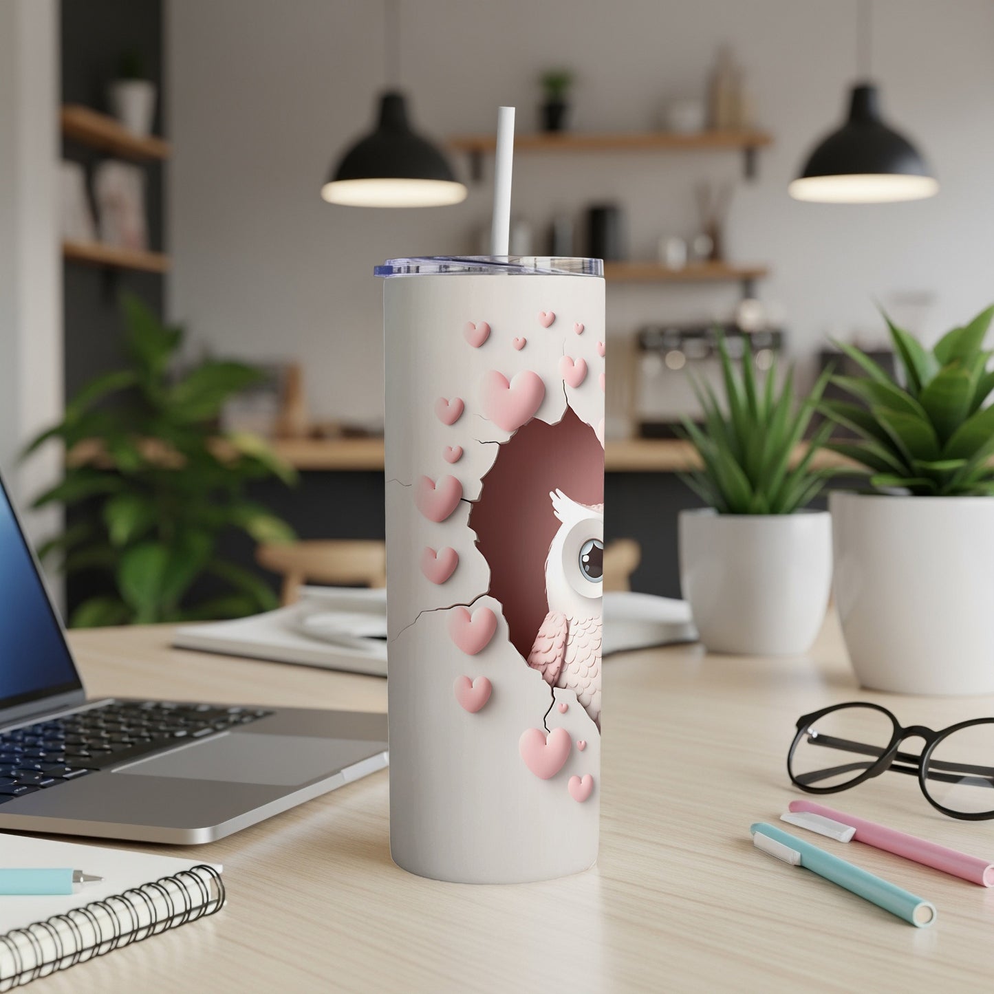 White tumbler with owl and pink hearts design.