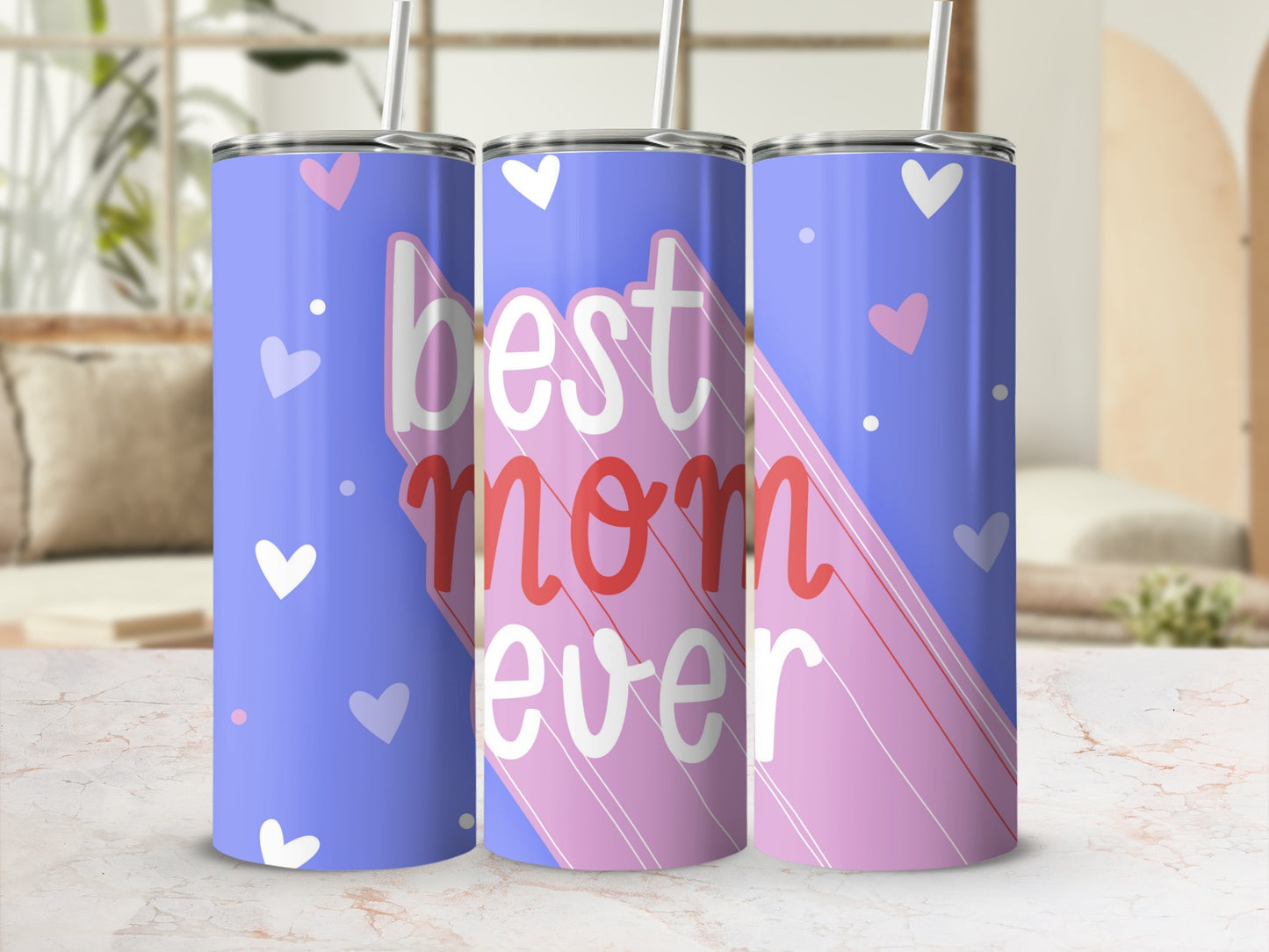 Best Mom Ever Blue and Pink Heart Design Tumbler