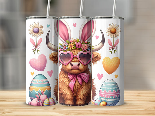 Highland cow with bunny ears and heart sunglasses, Easter eggs, and flowers.