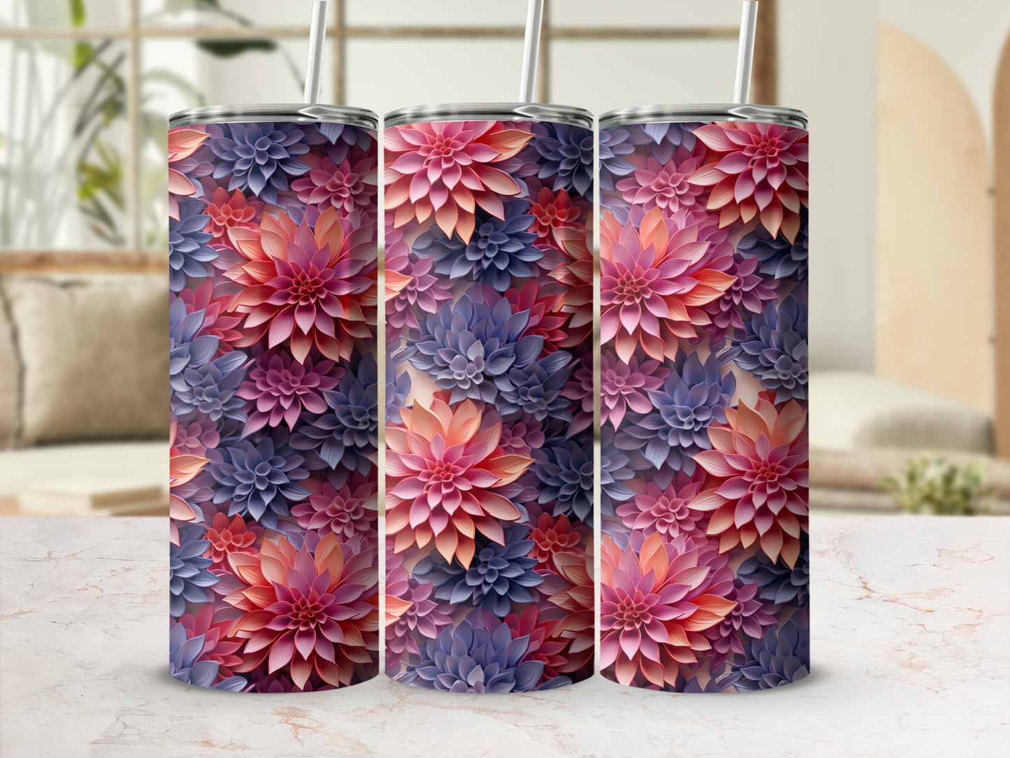 Floral Pattern Pink and Purple Design Tumbler Cups