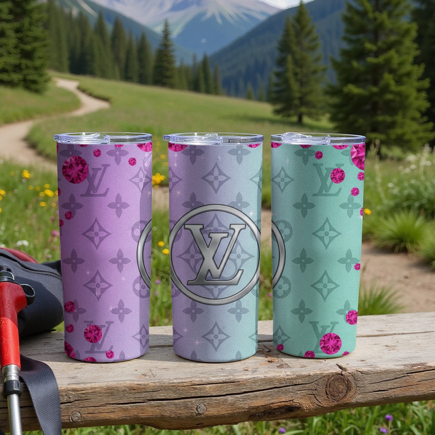Stylish Monogram Pattern Tumbler with Gemstone Design