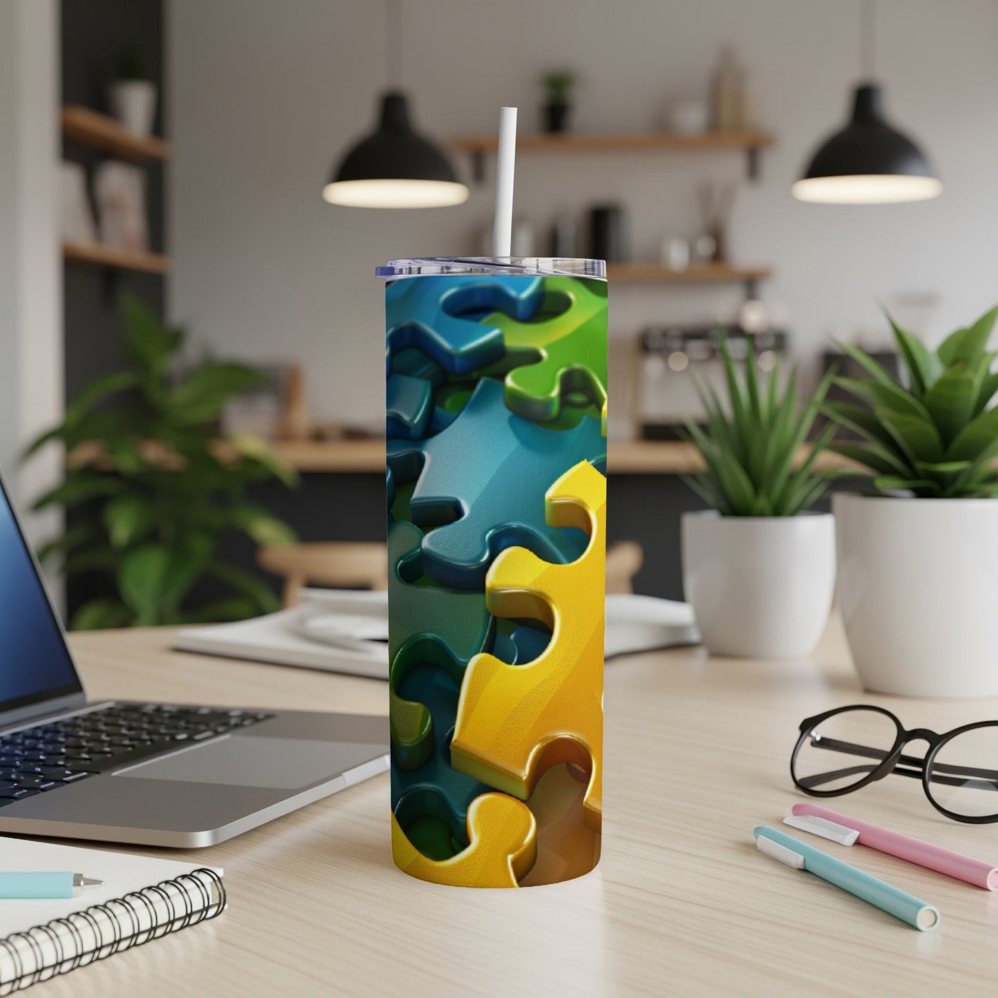 Blue, green, and yellow puzzle pieces wrap a tall tumbler on a desk.
