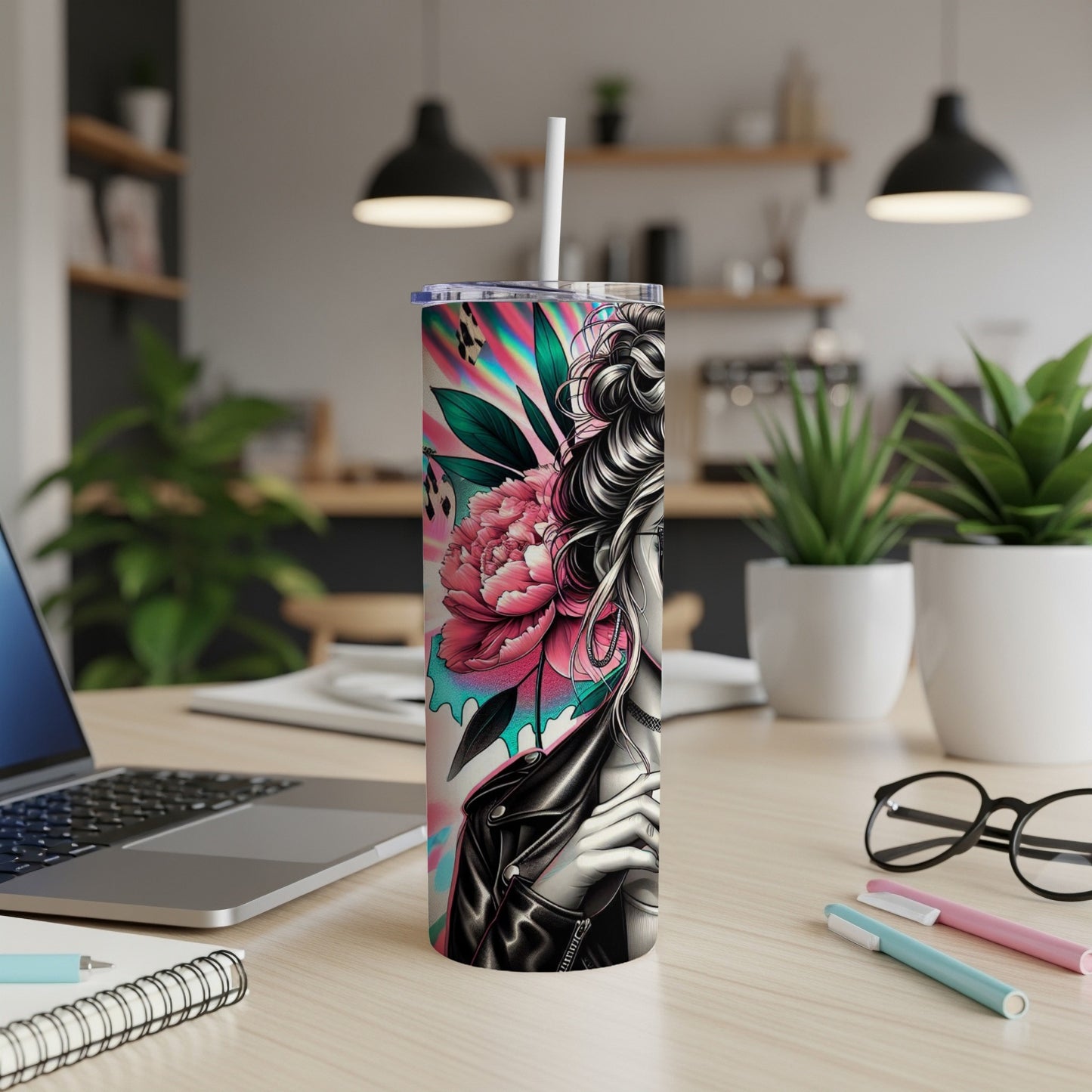 Tumbler featuring a woman with pink floral accents and a black leather jacket.