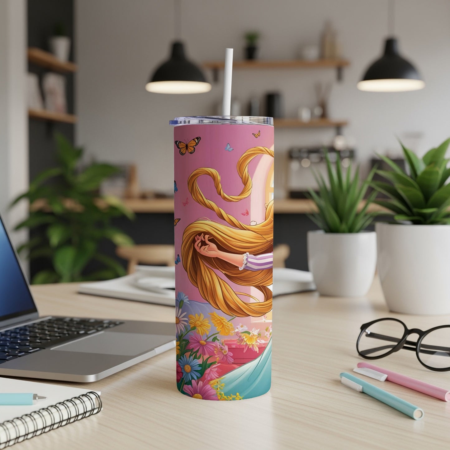 Rapunzel with long blonde hair and butterflies on a floral tumbler.