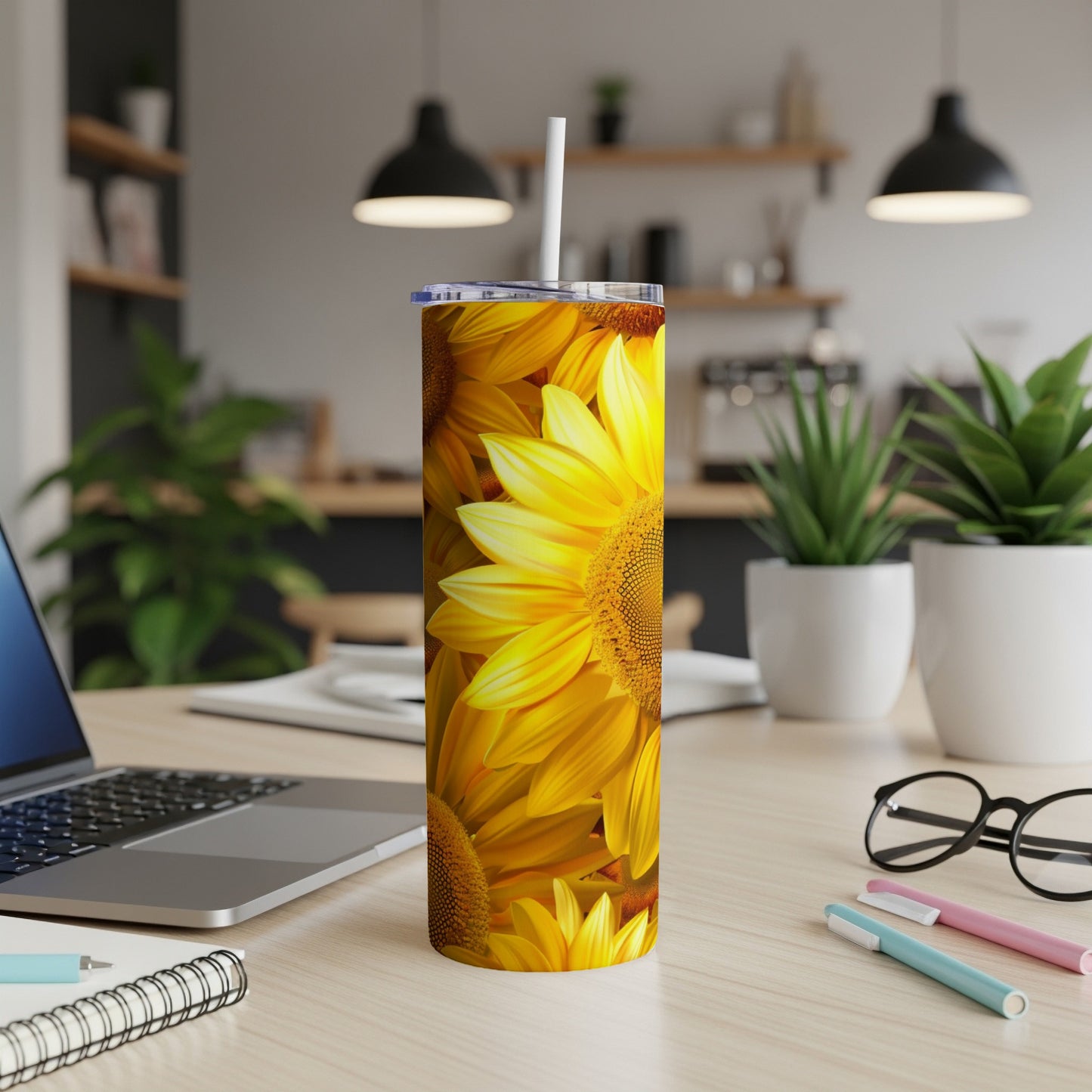 Tall tumbler with a close-up sunflower pattern.