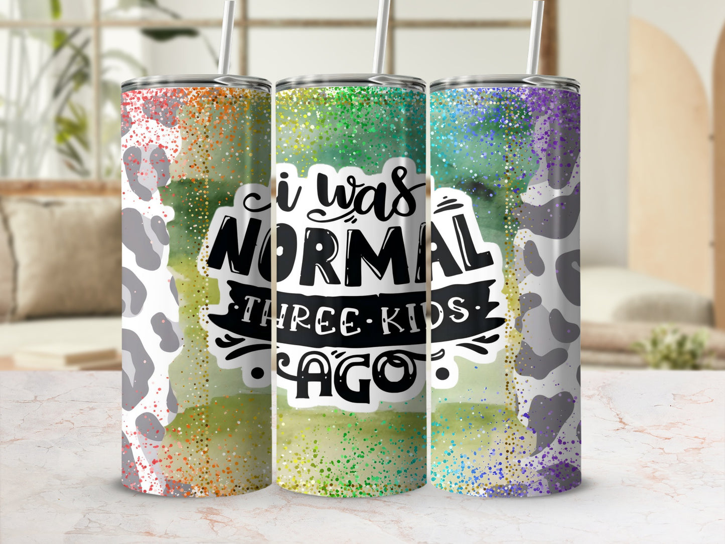 I Was Normal Three Kids Ago Glitter Leopard Print Tumbler