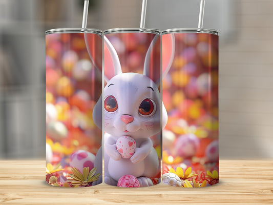 White Easter bunny holding an egg among colorful flowers and grass.