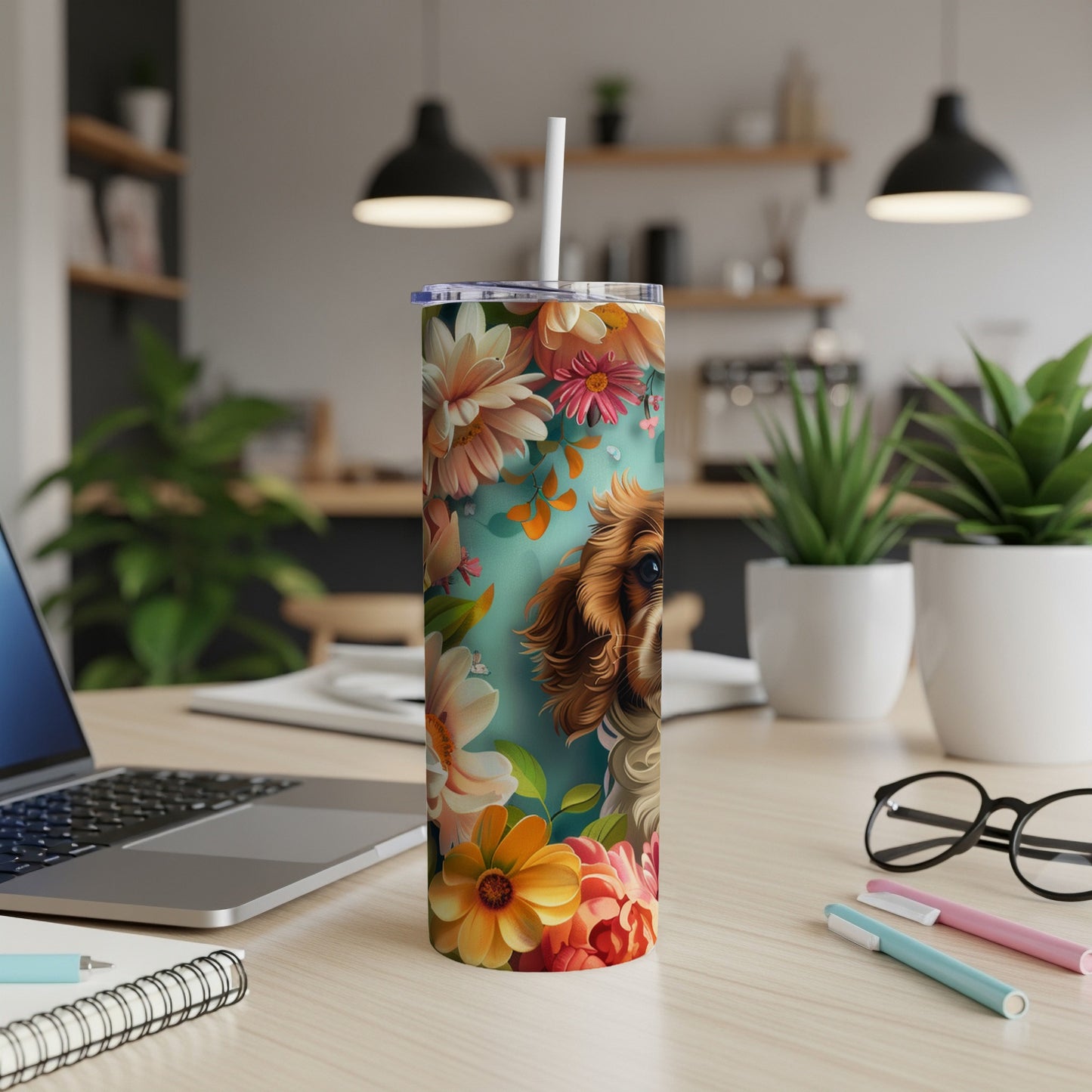 Tall tumbler with a Cavalier King Charles Spaniel and floral design.