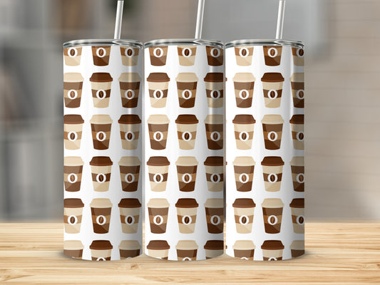 Pattern of coffee cups with latte art on tumblers.