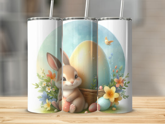 Easter bunny with basket of eggs and flowers.