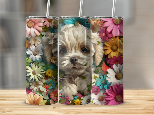 Three floral tumblers featuring a puppy's face surrounded by colorful flowers.