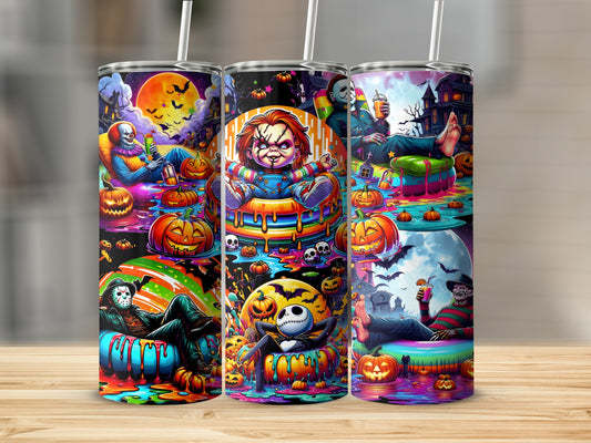 Three tumblers with Halloween horror movie characters and pumpkins.