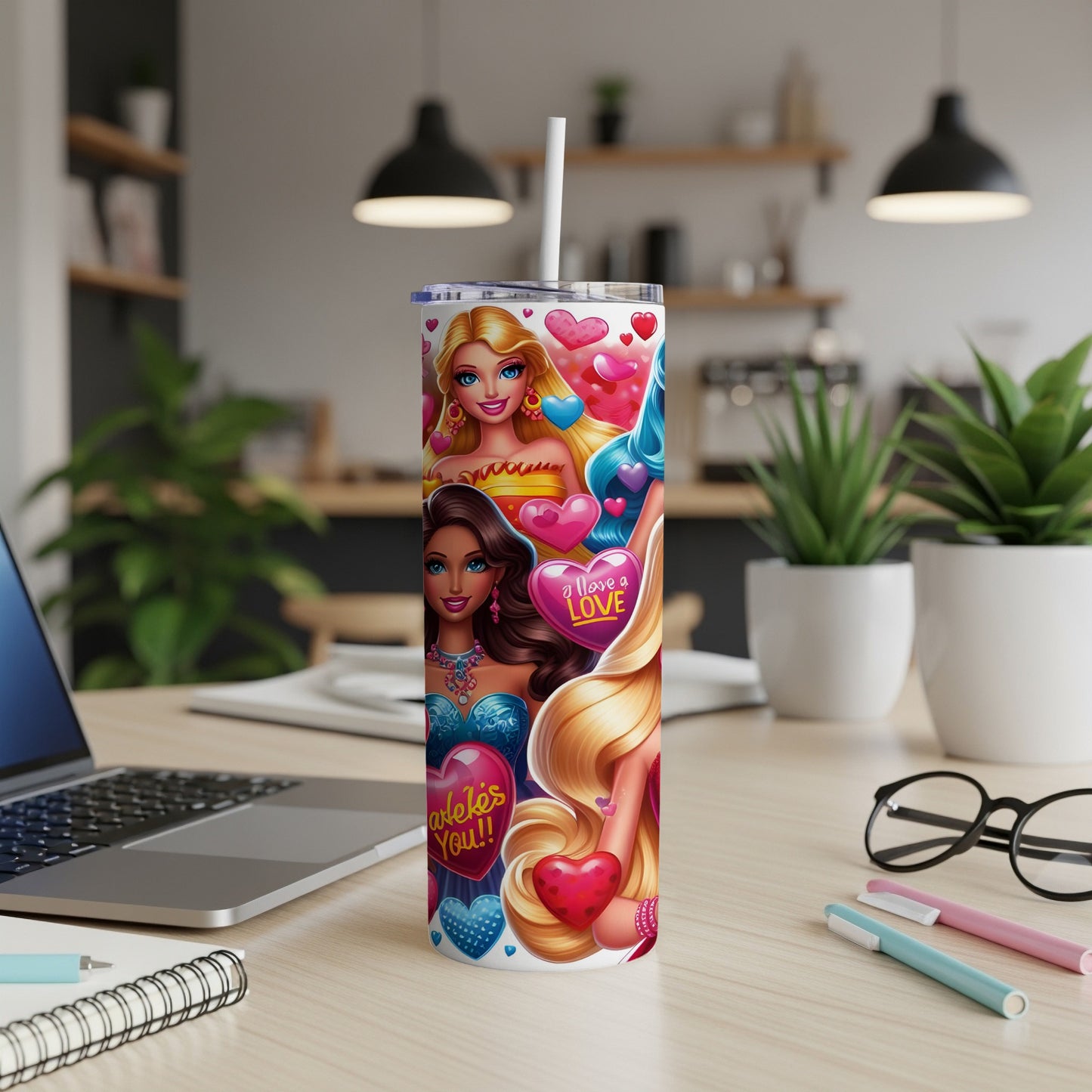 Barbie tumbler with hearts and "I Love You" text.
