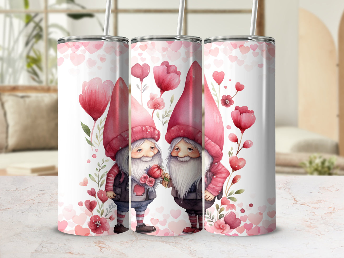 Adorable Gnome Couple with Hearts Tumbler Design