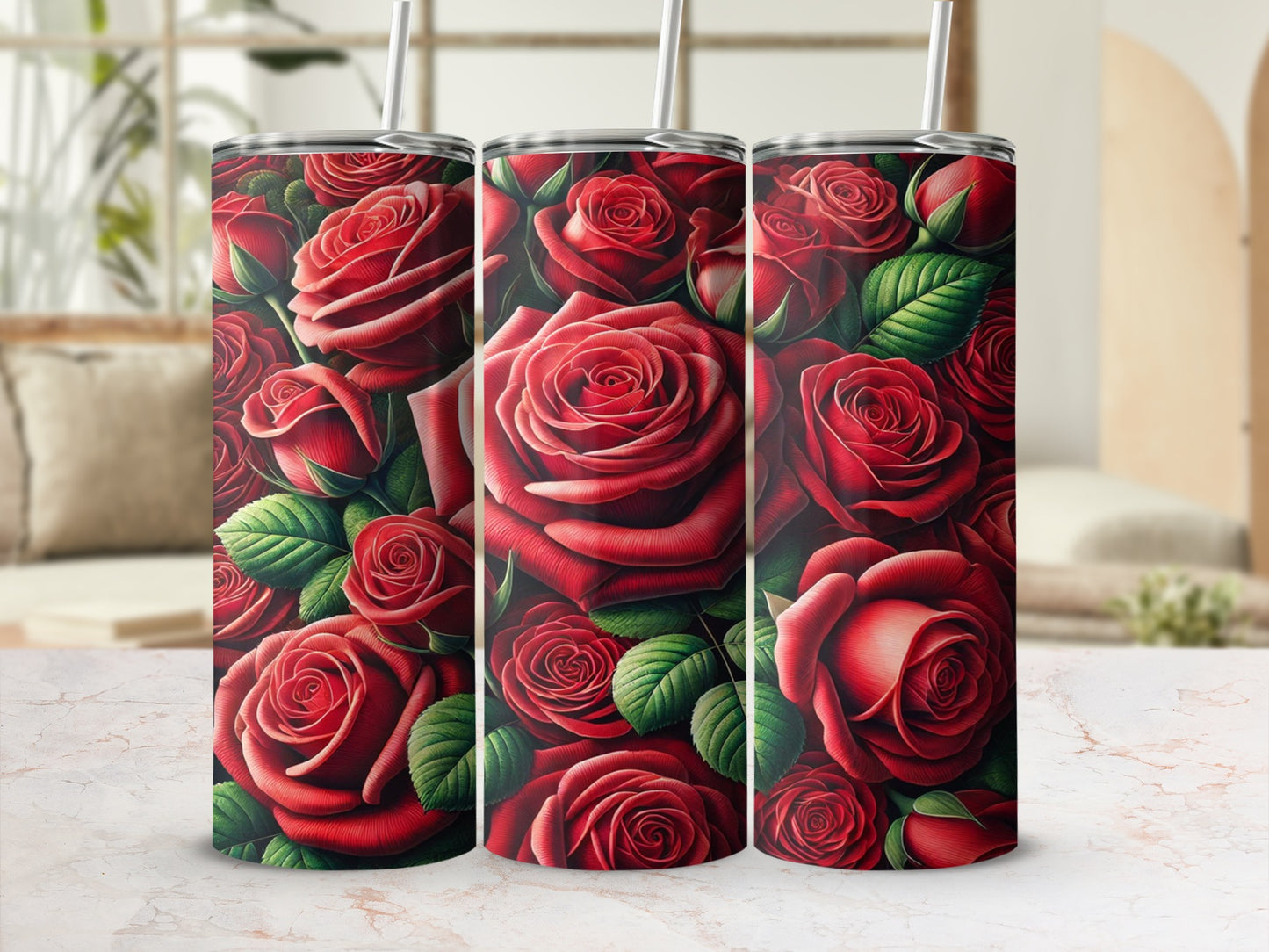 Elegant Tall Insulated Tumblers with Red Rose Designs