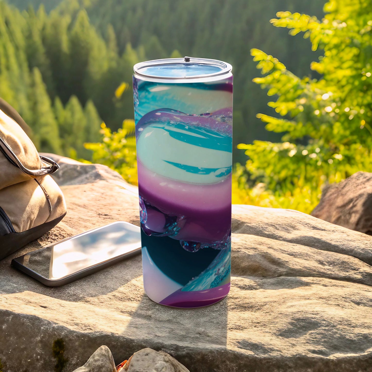 Tall tumbler with abstract purple, blue, and white swirling liquid design.