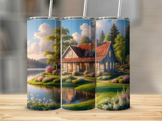 Rustic cabin by a lake with blooming flowers and trees.