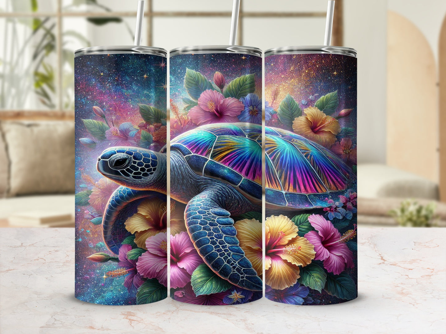 Vibrant Sea Turtle and Flowers Insulated Tumbler
